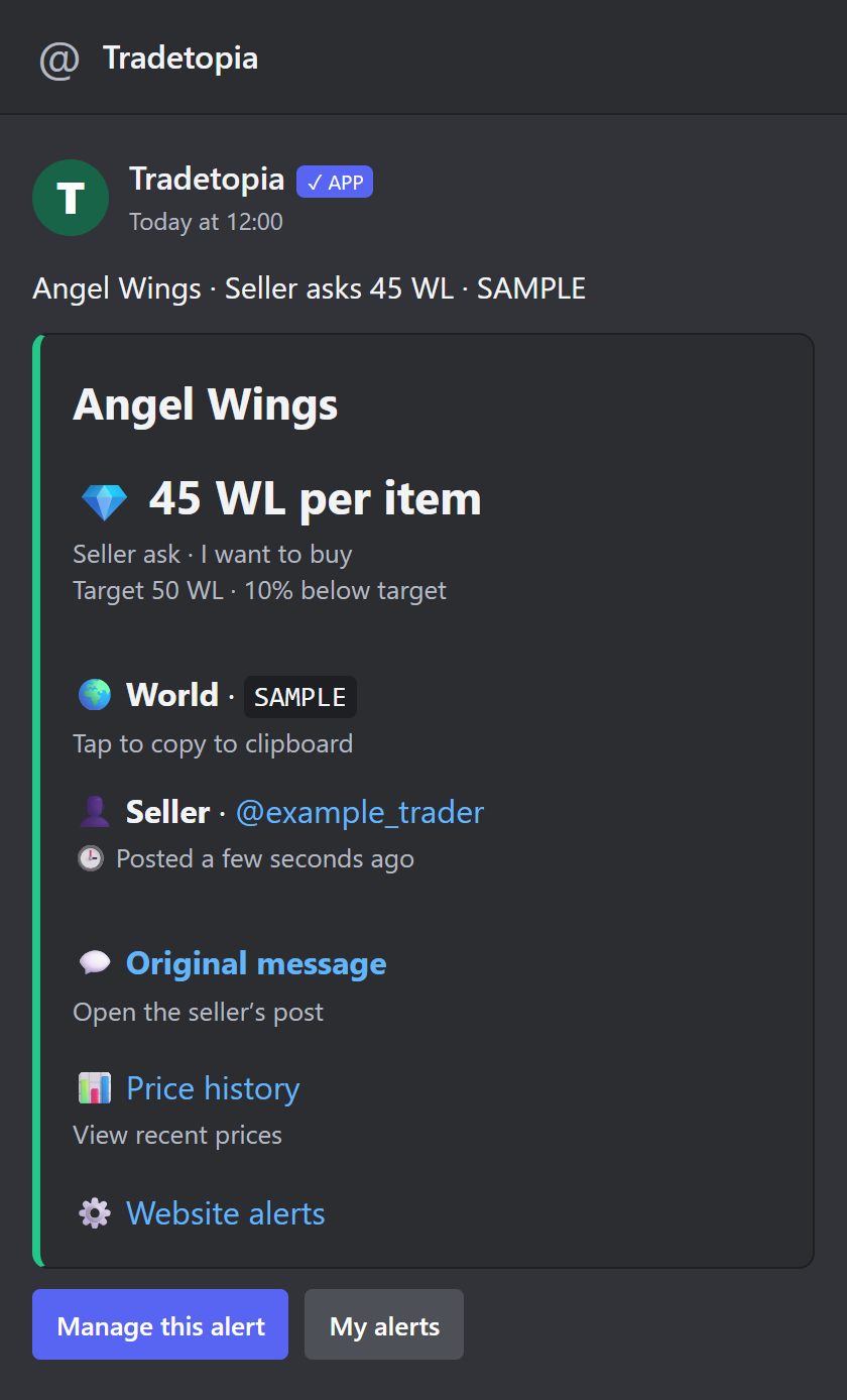 Example Discord alert for Angel Wings: 45 WL per item against a 50 WL target, with world, seller and original-message links.