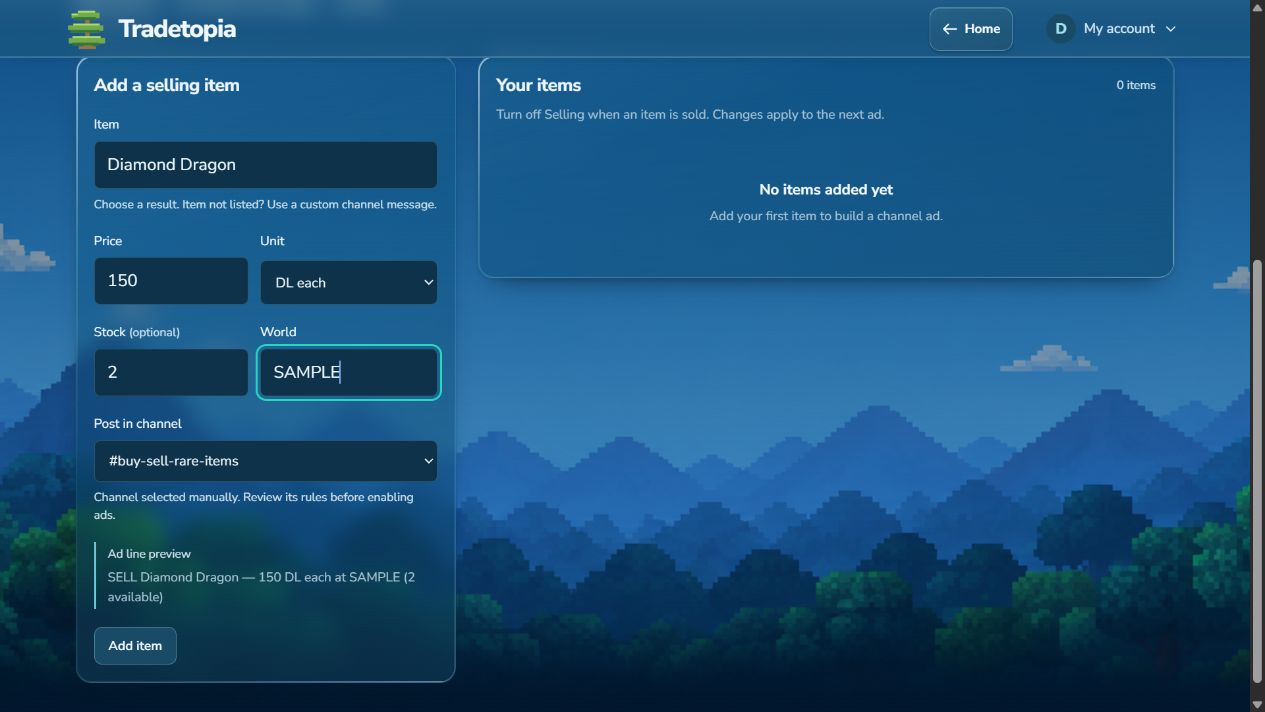 Actual Ad Manager form: Diamond Dragon, 150 DL each, 2 in stock, world SAMPLE, and the generated selling ad.
